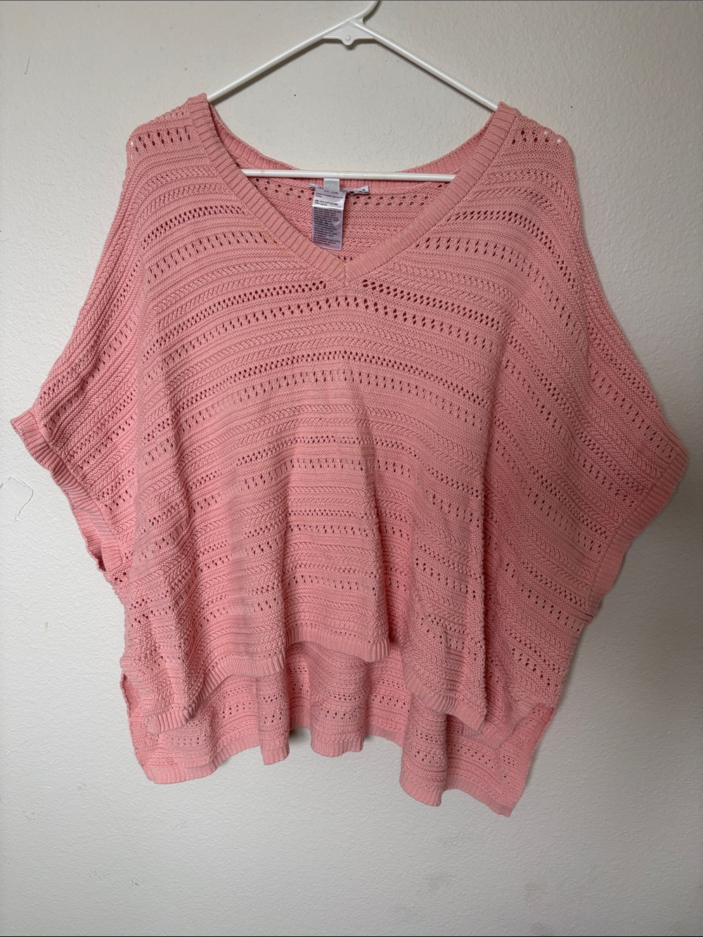 Light Pink V-Neck Open Knit Women's Poncho Sweater